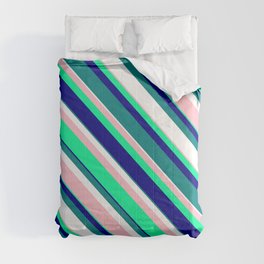 [ Thumbnail: Vibrant Pink, Green, Blue, Teal, and White Colored Striped/Lined Pattern Comforter ]