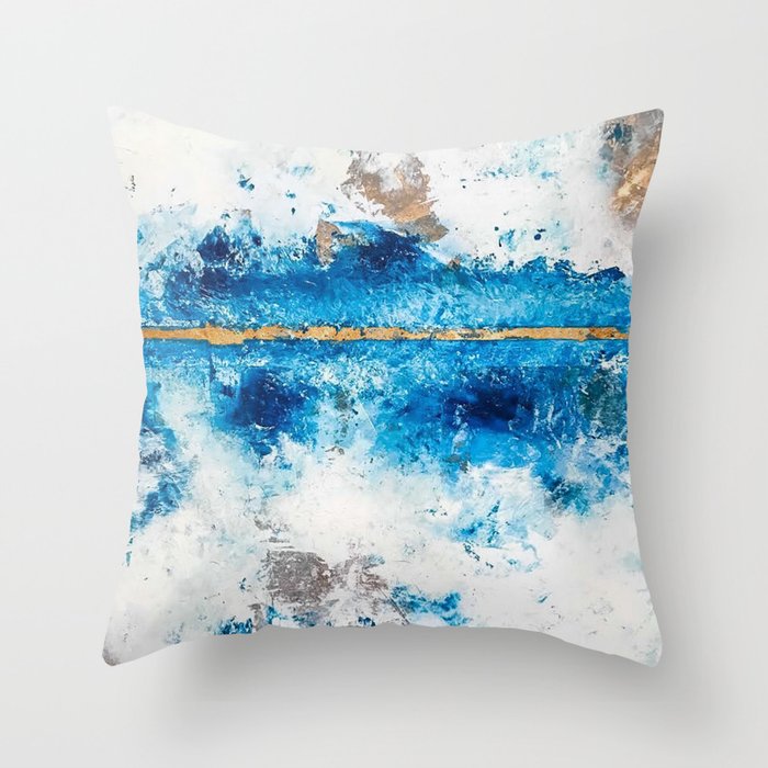 Blue Skies: a pretty, minimal abstract mixed-media piece in blue, white and gold Throw Pillow