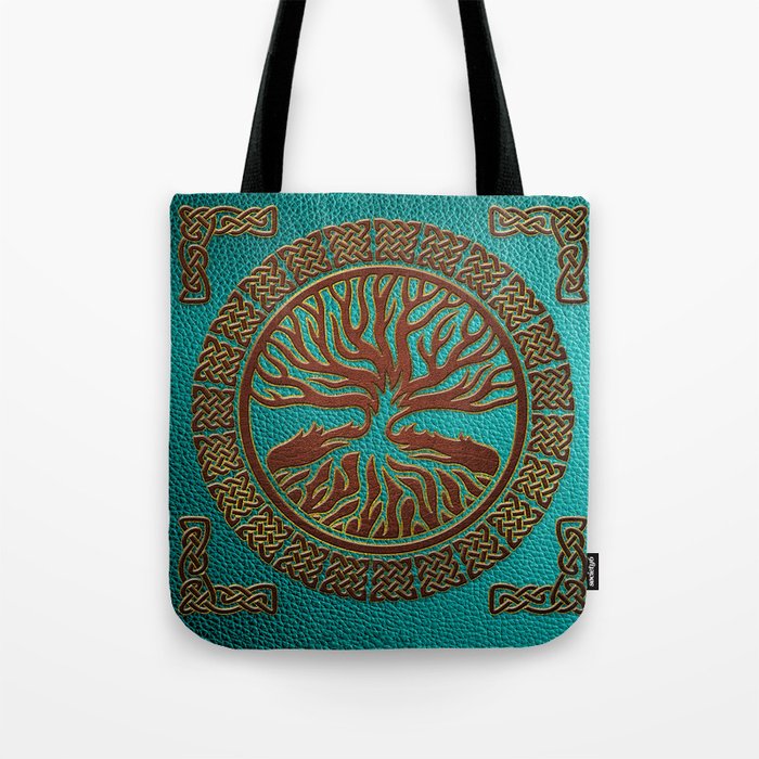 Tree of life Yggdrasil Embossed Faux Teal Brown Leather Tote