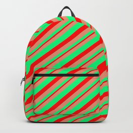 [ Thumbnail: Dark Salmon, Green & Red Colored Striped Pattern Backpack ]