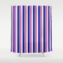 [ Thumbnail: Vibrant Black, Blue, Grey, Orchid, and Beige Colored Striped/Lined Pattern Shower Curtain ]