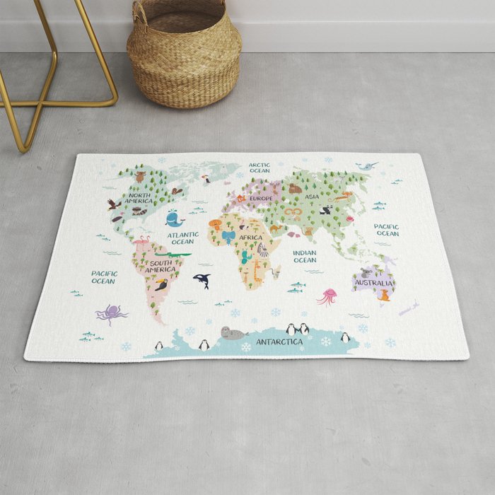 Nursery Animal World Map in Pastels Rug