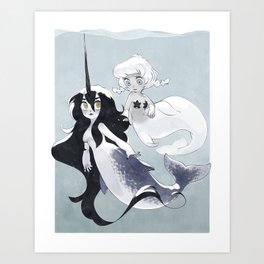 Whale Mermaids Art Print | Sealife, Marine, Illustration, Girls, Whaletail, Water, Cartoon, Horn, Drawing, Ocean 