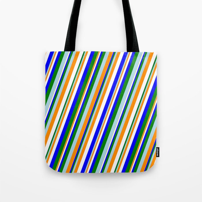 Eye-catching Light Blue, Dark Orange, White, Blue & Green Colored Lined/Striped Pattern Tote Bag
