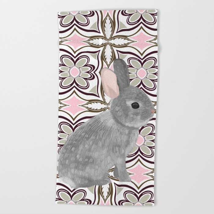 Cute bunny on pink pattern Beach Towel