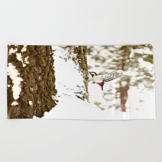 Woodpecker In Forest Beach Towel