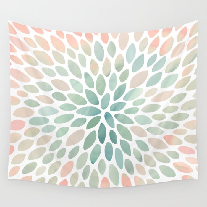 Floral Bloom, Abstract Watercolor, Coral, Peach, Green, Floral Prints Wall Tapestry