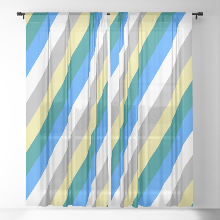 Eye-catching Tan, Teal, Blue, White & Dark Gray Colored Striped/Lined Pattern Sheer Curtain