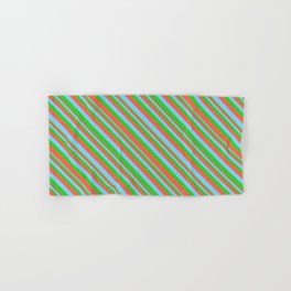 [ Thumbnail: Lime Green, Red, and Light Sky Blue Colored Striped Pattern Hand & Bath Towel ]