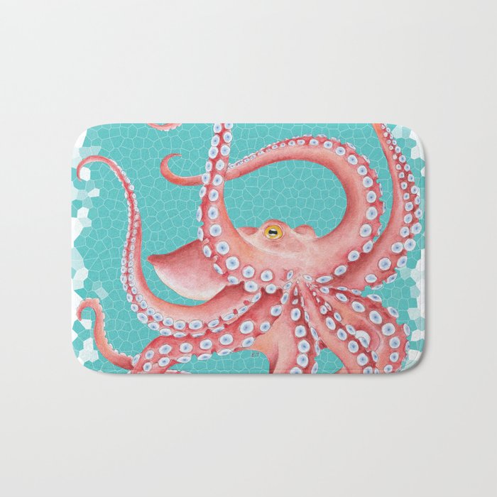 Red Octopus Teal Watercolor Stained Glass Bath Mat