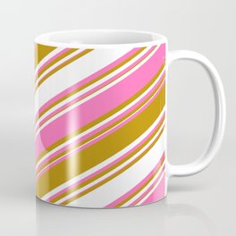 [ Thumbnail: Dark Goldenrod, White, and Hot Pink Colored Stripes/Lines Pattern Coffee Mug ]