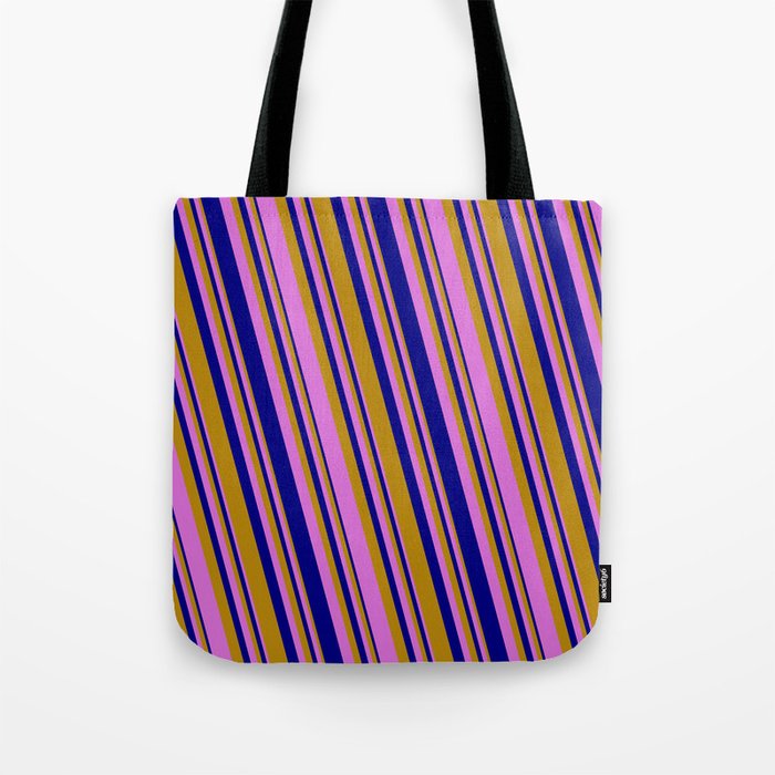 Dark Goldenrod, Orchid, and Blue Colored Striped/Lined Pattern Tote Bag