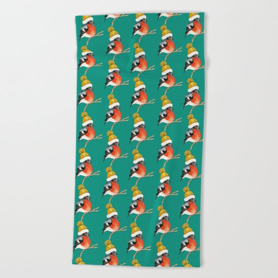 Christmas Bird Bullfinch Beach Towel