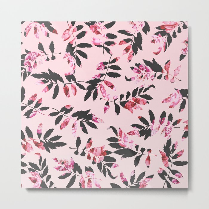 Girly Modern Pink Blush Black Floral Print Leaves Metal Print