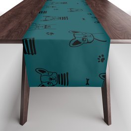 Teal Blue and Black Hand Drawn Dog Puppy Pattern Table Runner