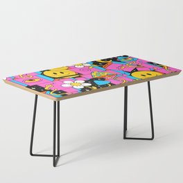 Pink Trippy Eye Blocks With White Flowers, Smileys and Mushrooms Coffee Table