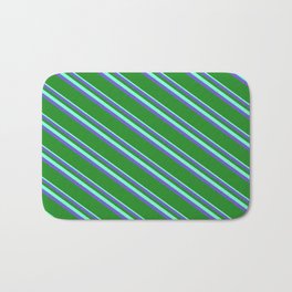 [ Thumbnail: Aquamarine, Slate Blue & Forest Green Colored Lines Pattern Bath Mat ]