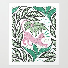 Roaring Leopard - pink and green Art Print