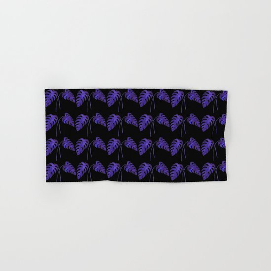 Indigo Monstera Leaf Watercolor on Black Hand & Bath Towel