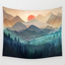 Wilderness Becomes Alive at Night Wall Tapestry | Sunset, Sun, Mountain, Birds, Adventure, Forest, Art, Livingroom, Pine, Watercolor 