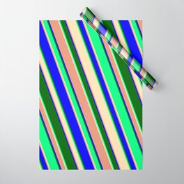 [ Thumbnail: Green, Beige, Dark Salmon, Blue & Dark Green Colored Striped/Lined Pattern Wrapping Paper ]