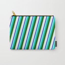 [ Thumbnail: Blue, Aquamarine, Dark Turquoise, Dark Green & Mint Cream Colored Stripes/Lines Pattern Carry-All Pouch ]