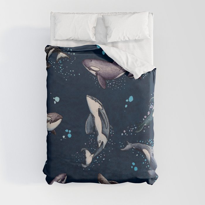 "Orca Pod in Watercolor" by Amber Marine, (Navy Blue Version) Killer Whale Art, © 2019 Duvet Cover