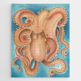 Orange Red Octopus Kraken Tentacles Teal Watercolor Jigsaw Puzzle