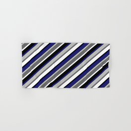 [ Thumbnail: Grey, Dim Grey, White, Black & Midnight Blue Colored Lined Pattern Hand & Bath Towel ]