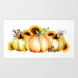 Sunflower Pumpkin Watercolor  Art Print
