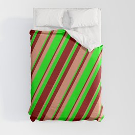 [ Thumbnail: Dark Salmon, Lime, and Dark Red Colored Lines Pattern Duvet Cover ]