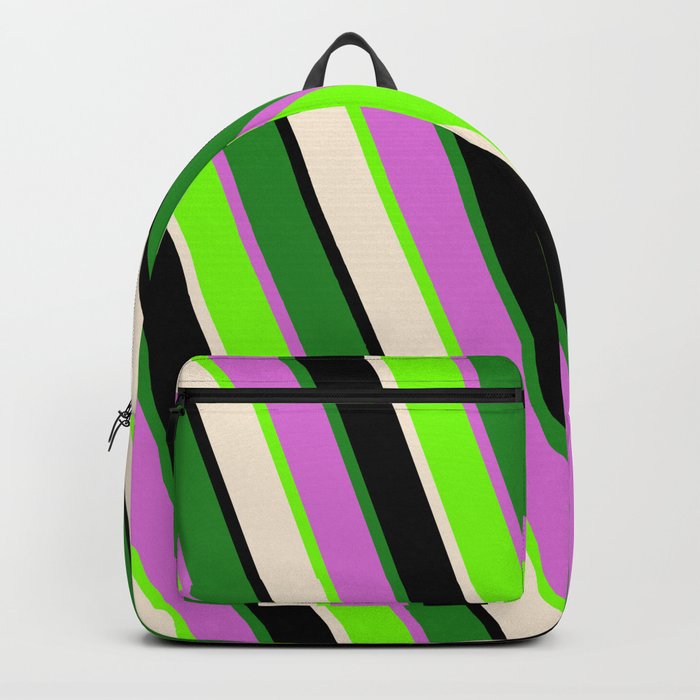 Colorful Green, Beige, Black, Forest Green, and Orchid Colored Stripes/Lines Pattern Backpack