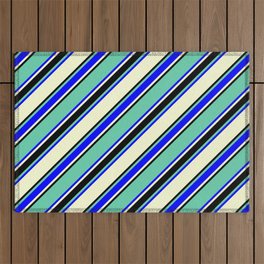 [ Thumbnail: Aquamarine, Blue, Light Yellow & Black Colored Lined Pattern Outdoor Rug ]