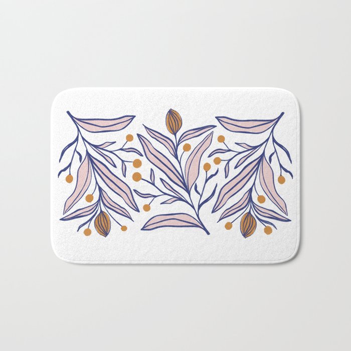 Floral print on white in blue, pink and ochre  Bath Mat