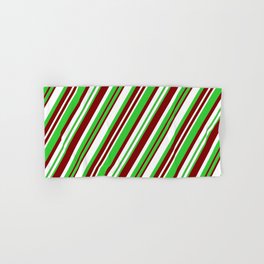 [ Thumbnail: Maroon, White, and Lime Green Colored Striped/Lined Pattern Hand & Bath Towel ]