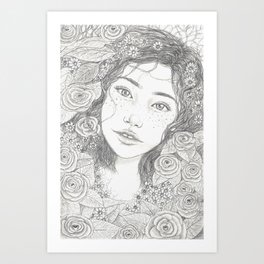 Floral portrait series, freckled girl. Art Print