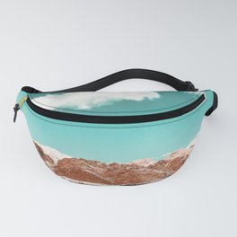 Vintage Red Rocks // Snow in the Mojave Desert Clouds Teal Sky Mountain Range Landscape Fanny Pack