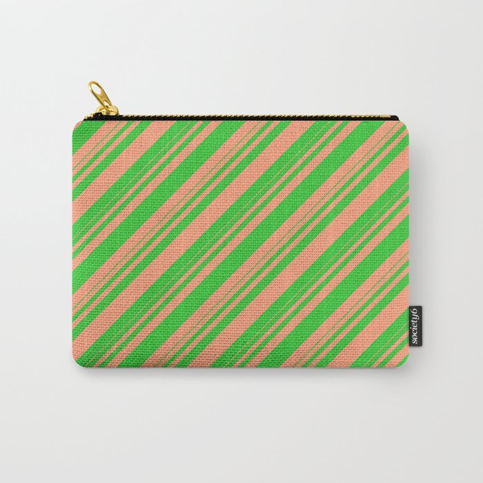 Lime Green & Light Salmon Colored Striped/Lined Pattern Carry-All Pouch