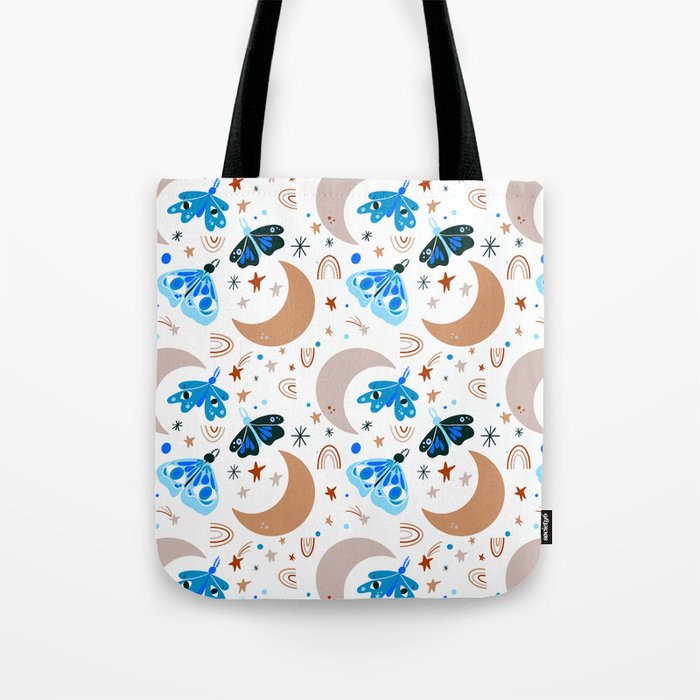 Moths and Moons - Brown & Blue Tote Bag