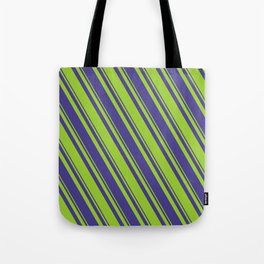 [ Thumbnail: Dark Slate Blue and Green Colored Stripes Pattern Tote Bag ]