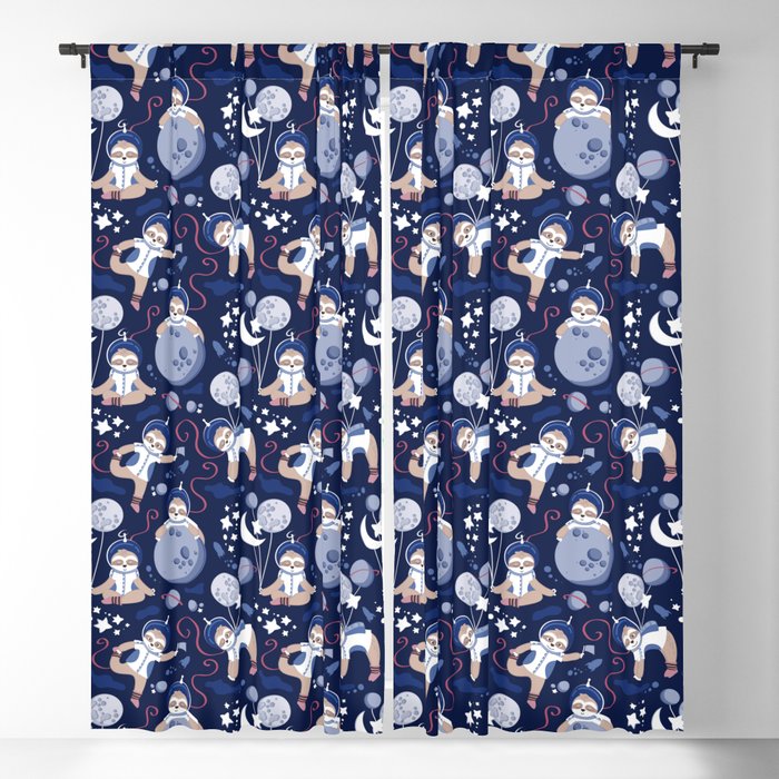 Best Space To Be // navy blue background indigo moons and cute astronauts sloths Blackout Curtain