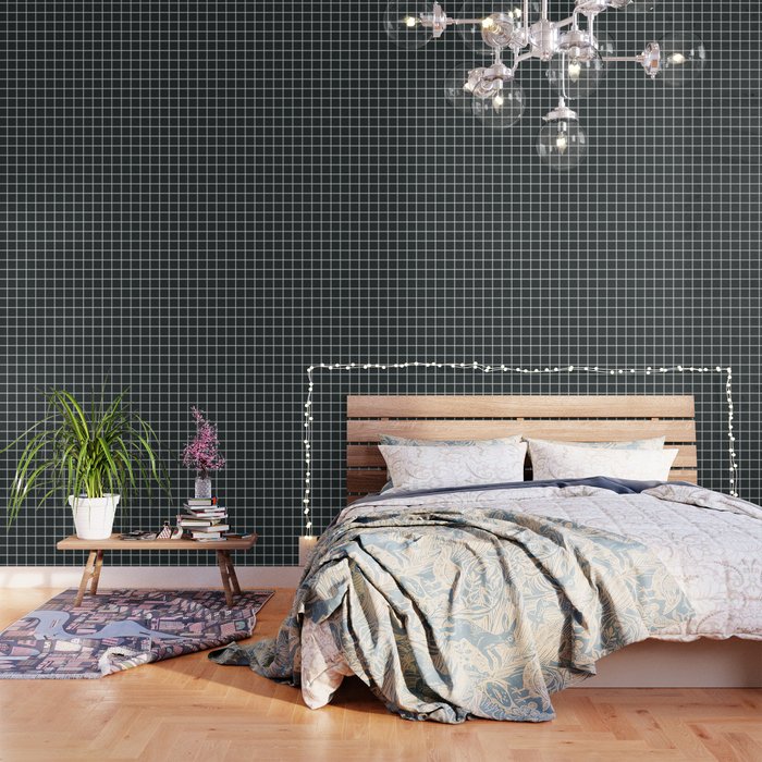 Charleston green - grey color - White Lines Grid Pattern Wallpaper
