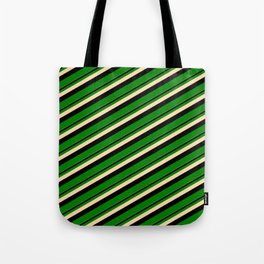 [ Thumbnail: Tan, Black & Green Colored Stripes/Lines Pattern Tote Bag ]
