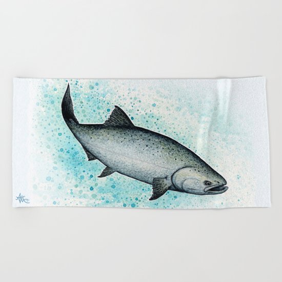 "Salmon Splash" by Amber Marine ~ Watercolor Painting (c) 2016 Beach Towel