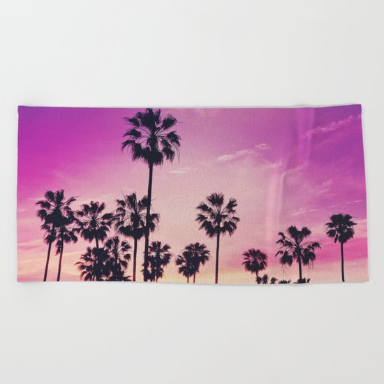 Sunset Palms Purple Tropical Sky Beach Towel