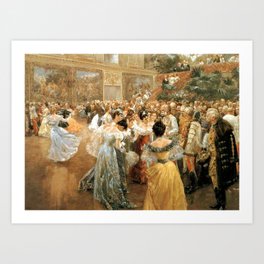Two ladies are presented to Emperor Franz Joseph at the court ball in the Hofburg Vienna Imperial Palace gilded age grand hall portrait painting by Wilhelm Gause  Art Print