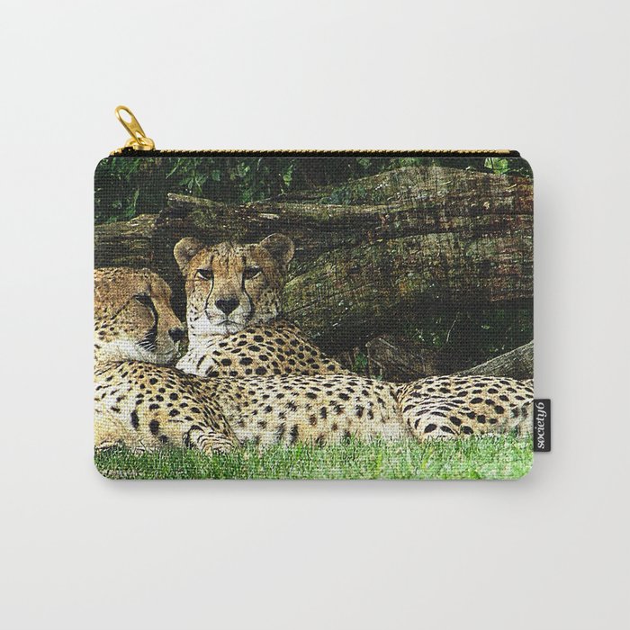 Two Cheetahs Lounging in Grass in Front of Log, Grunge Photograph Carry-All Pouch