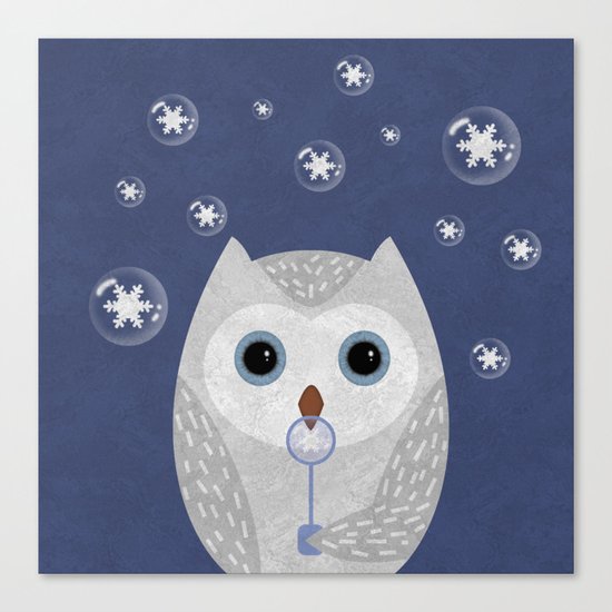 Christmas Owl Blue Marble Canvas Print