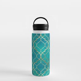 Teal Emerald Golden Moroccan Quatrefoil Pattern Water Bottle