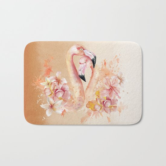 Tropical birds- Flamingo in LOVE with exotic flowers on #Society6 Bath Mat